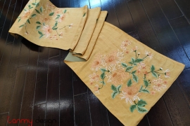 Raw-silk scarf hand-embroidered with bunch of chrysanthemums